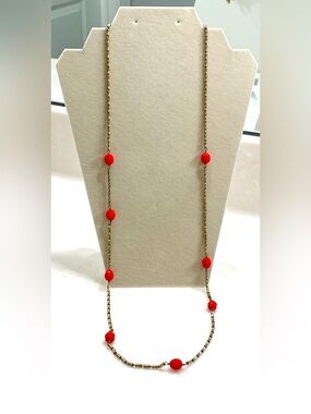 J.Crew Long Gold & Coral Red Beaded Station Necklace Boho Vtg